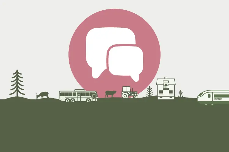en illustration med traktor, landsbygd, en ko, ett hus, en buss, ett tåg, ett rådjur och granar samt två pratbubblor som är tomma