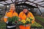 Två glada kvinnor i orange arbetskläder håller upp vårblommor