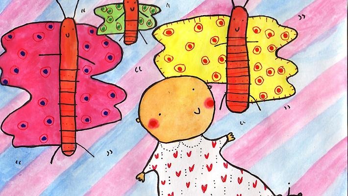 Illustration föreställande en bebis och tre fjärilar i olika färger.