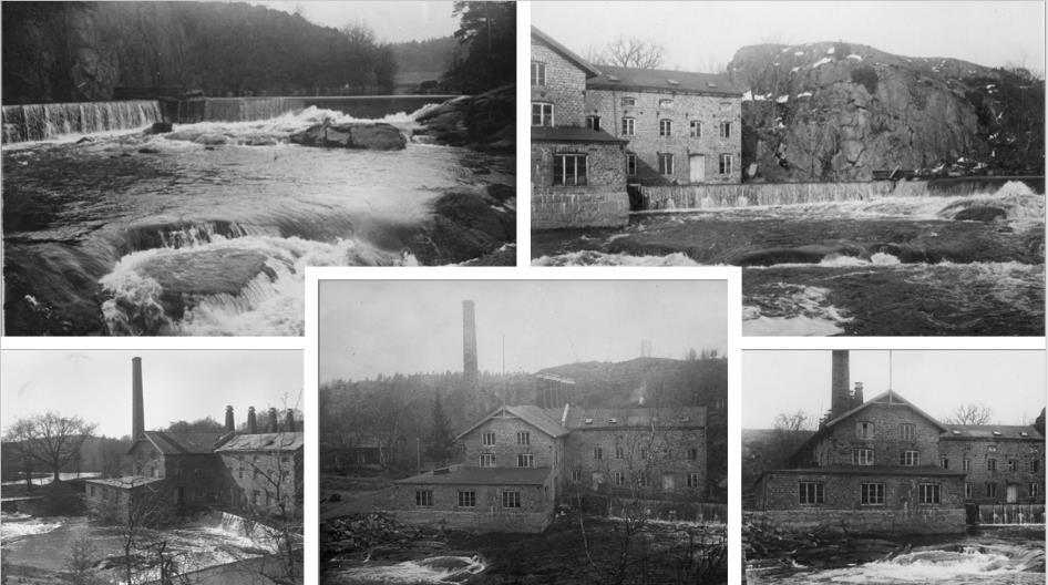 Bild från förr där man ser Katrinedals pappersbruk och hur den stora tegelbyggnaden såg ut