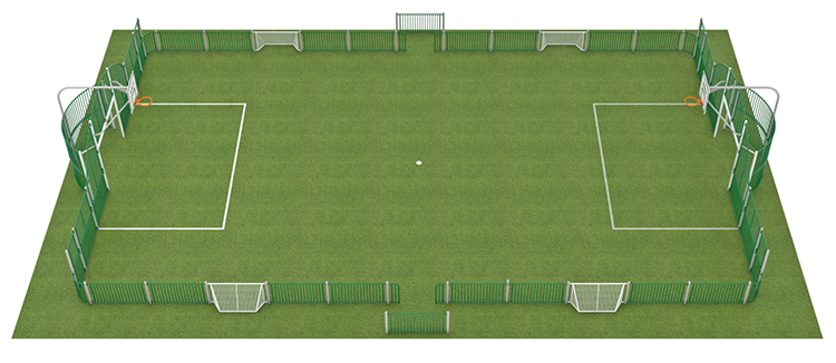 en skiss som visar en grön multisportplan med olika slags målburar