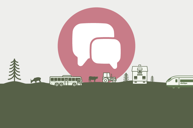 illustration med ett hus, ett tåg, en buss, granar, en ko, ett rådjur och ett par pratbubblor