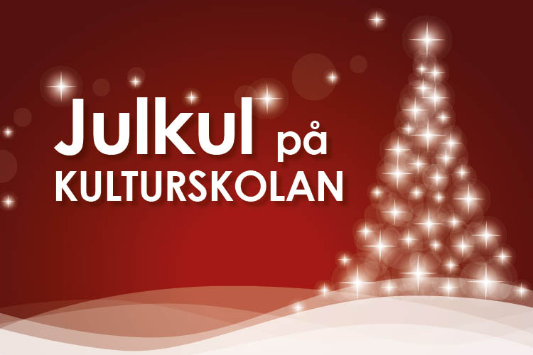 En vit gran på en röd bakgrund och texten Julkul på Kulturskolan