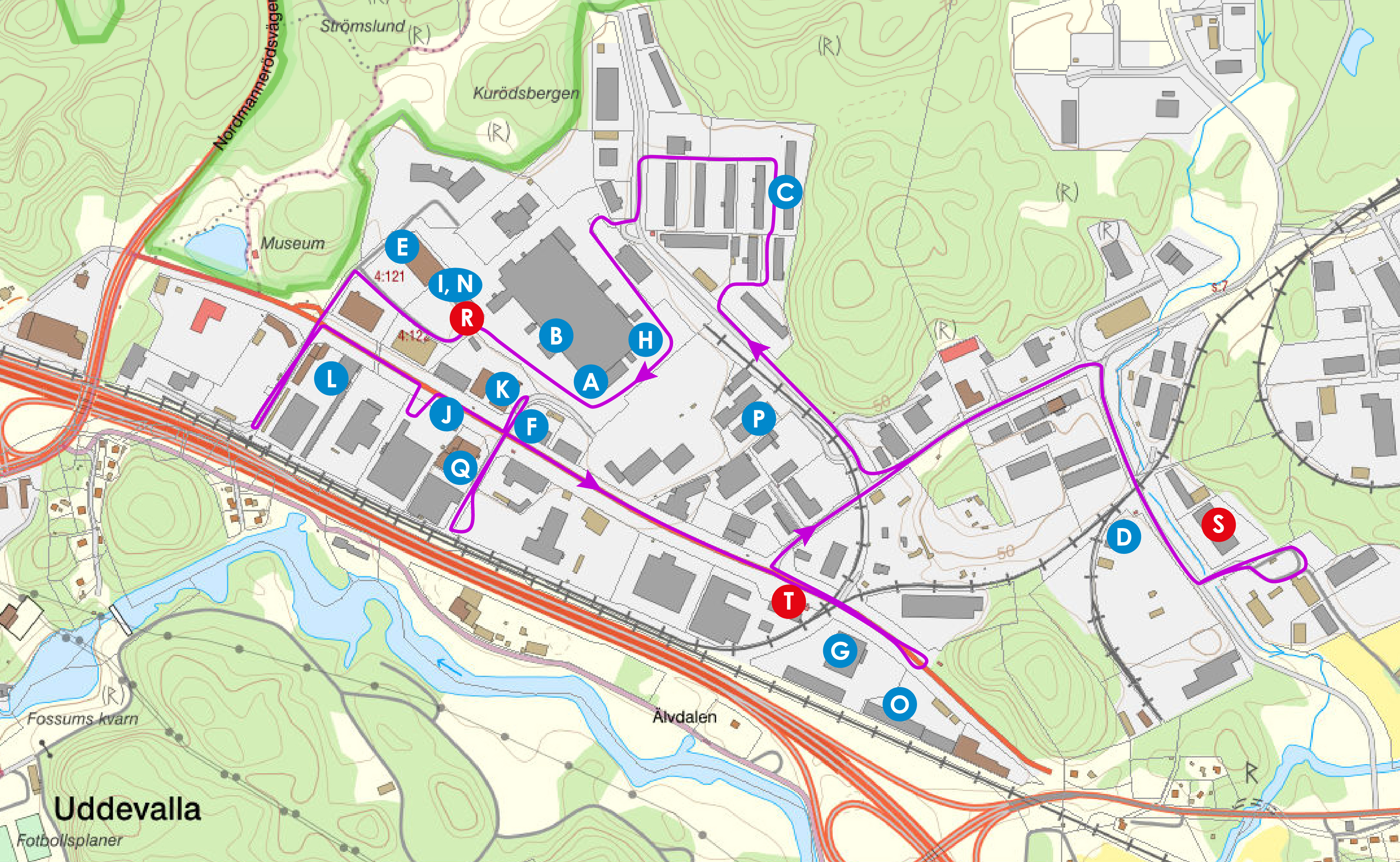 Karta över Kuröds industriområde. Busslinje och deltagande företag är utritade. 