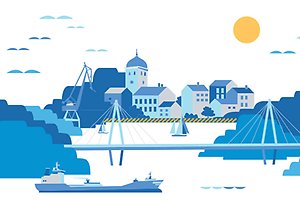 En vacker illustration över Uddevallas hamninlopp